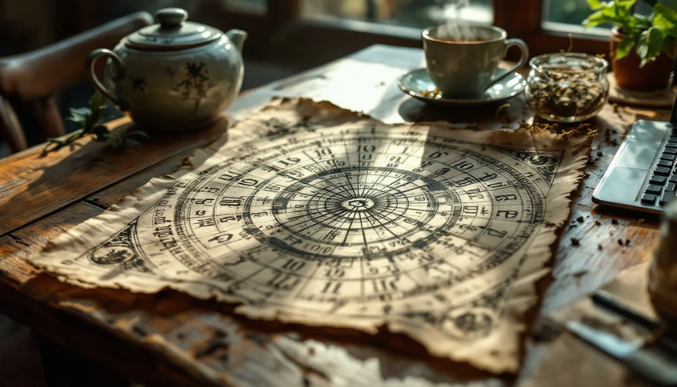 Astrology chart on parchment beside a teapot, laid out for a Vedic astrology reading